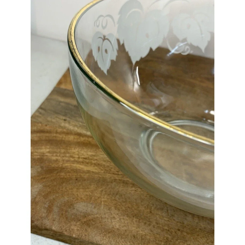 Vintage Anchor Hocking Glass Punch Bowl Grape Leaves Silver Rimmed 9 Piece